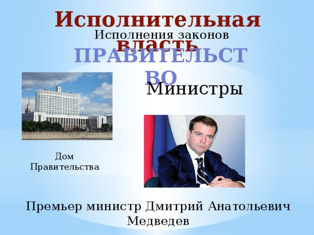 Исполнительная власть Исполнения законов Правительство   Министры Дом Правительства Премьер министр Дмитрий Анатольевич Медведев 