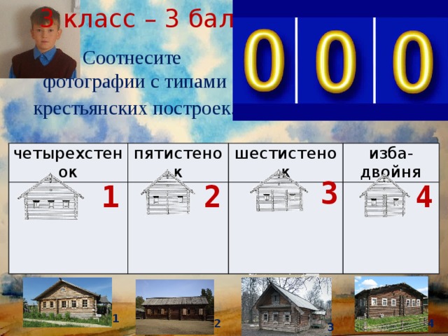 3 класс – 3 балла Соотнесите фотографии с типами крестьянских построек . четырехстенок пятистенок шестистенок изба-двойня 3 4 2 1  1 4 2 3 3 