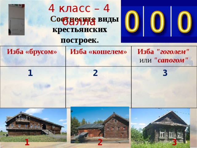 4 класс – 4 балла  Соотнесите виды крестьянских построек. Изба «брусом» Изба «кошелем» Изба  