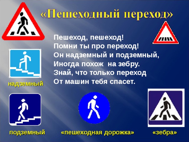  Пешеход, пешеход!  Помни ты про переход!  Он надземный и подземный,  Иногда похож на зебру.  Знай, что только переход  От машин тебя спасет. надземный подземный «пешеходная дорожка» «зебра» 5 