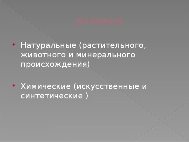 волокна Натуральные (растительного, животного и минерального происхождения) Химические (искусственные и синтетические ) 