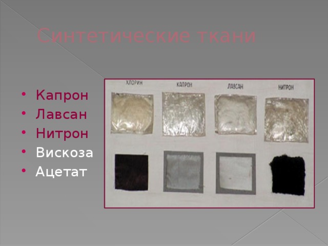 Синтетические ткани Капрон Лавсан Нитрон Вискоза Ацетат 
