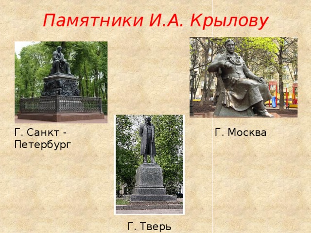 Памятники И.А. Крылову Г. Москва Г. Санкт - Петербург Г. Тверь 