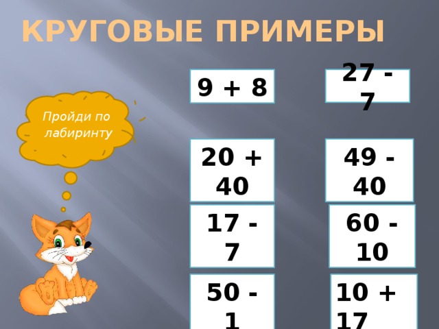 Круговые примеры 9 + 8 27 - 7 Пройди по лабиринту 20 + 40 49 - 40 17 - 7 60 - 10 50 - 1 10 + 17 