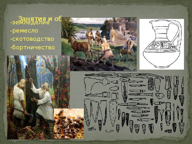 Занятия и образ жизни славян   -земледелие -ремесло -скотоводство -бортничество 
