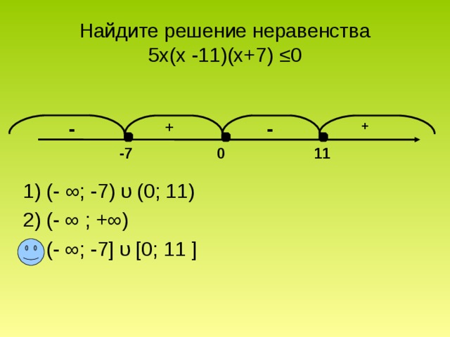 Найдите решение неравенства  5x(x -11)(x+7) ≤0 1) (- ∞; -7) υ (0; 11)  2) (- ∞ ; +∞) 3) (- ∞; -7] υ [0; 11 ]   -     -     -   +   + -7 0 11 