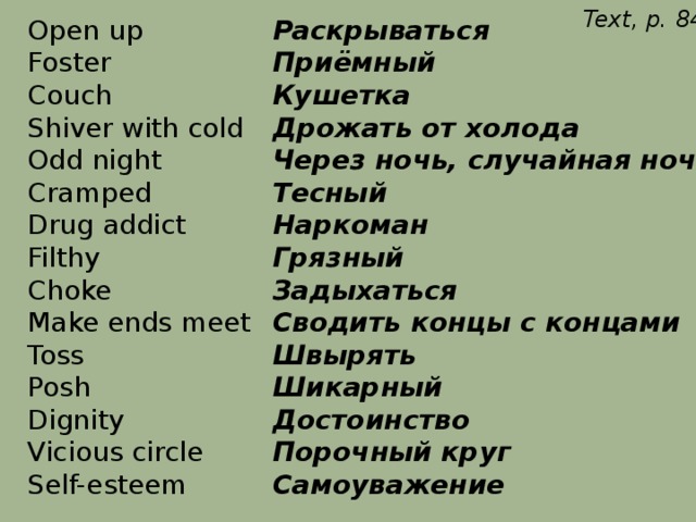 Text, p. 84 Open up Раскрываться Foster Приёмный Couch Кушетка Shiver with cold Дрожать от холода Через ночь, случайная ночь Odd night Cramped Тесный Наркоман Drug addict Грязный Filthy Choke Задыхаться Сводить концы с концами Make ends meet Toss Швырять Posh Шикарный Dignity Достоинство Порочный круг Vicious circle Self-esteem Самоуважение 