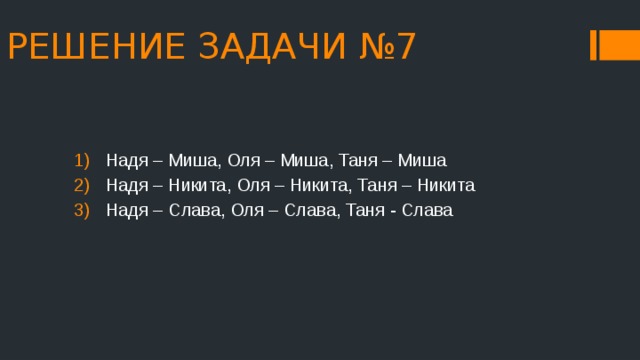 РЕШЕНИЕ ЗАДАЧИ №7 Надя – Миша, Оля – Миша, Таня – Миша Надя – Никита, Оля – Никита, Таня – Никита Надя – Слава, Оля – Слава, Таня - Слава 