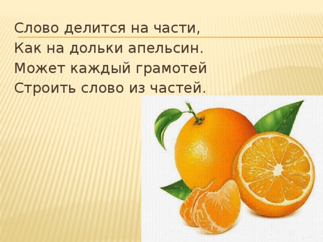 Каждое в нашем заведении начинается. Апельсин делится на дольки. Слово делится на части как на дольки апельсин. Слово делится на части. Что делится на дольки.