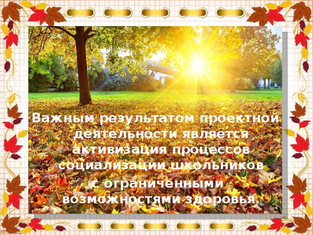 Важным результатом проектной деятельности является активизация процессов социализации школьников  с ограниченными возможностями здоровья. 