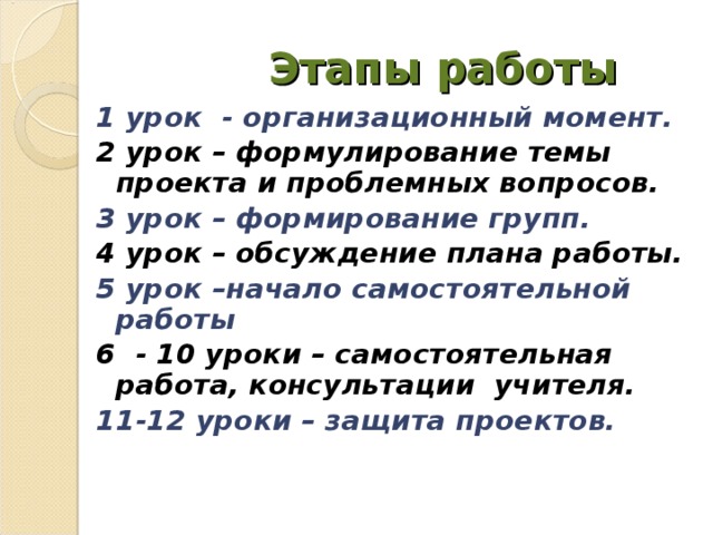  Этапы работы 1 урок - организационный момент. 2 урок – формулирование темы проекта и проблемных вопросов. 3 урок – формирование групп. 4 урок – обсуждение плана работы. 5 урок –начало самостоятельной работы 6 - 10 уроки – самостоятельная работа, консультации учителя. 11-12 уроки – защита проектов. 