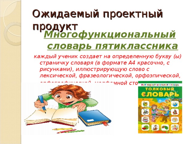 Ожидаемый проектный продукт Многофункциональный словарь пятиклассника каждый ученик создает на определенную букву (ы) страничку словаря  (в формате А4 красочно, с рисунками), иллюстрирующую слово с лексической, фразеологической, орфоэпической, орфографической, морфемной стороны .    