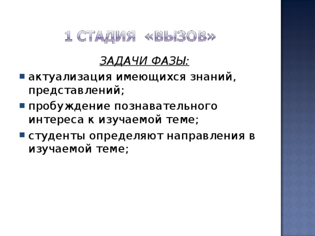  ЗАДАЧИ ФАЗЫ: актуализация имеющихся знаний, представлений; пробуждение познавательного интереса к изучаемой теме; студенты определяют направления в изучаемой теме; 