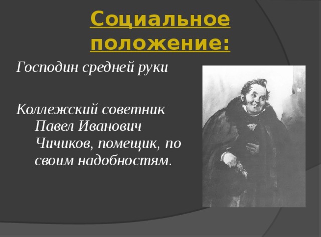 Социальное положение: Господин средней руки  Коллежский советник Павел Иванович Чичиков, помещик, по своим надобностям.   