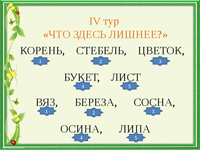 IV тур  «ЧТО ЗДЕСЬ ЛИШНЕЕ?» КОРЕНЬ, СТЕБЕЛЬ, ЦВЕТОК,  БУКЕТ, ЛИСТ 1 2 3 4 5 ВЯЗ, БЕРЕЗА, СОСНА,  ОСИНА, ЛИПА 3 1 2 4 5 