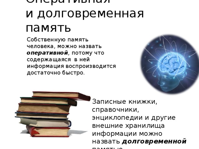 Оперативная  и долговременная память Собственную память человека, можно назвать оперативной , потому что содержащаяся в ней информация воспроизводится достаточно быстро. Записные книжки, справочники, энциклопедии и другие внешние хранилища информации можно назвать долговременной памятью. 