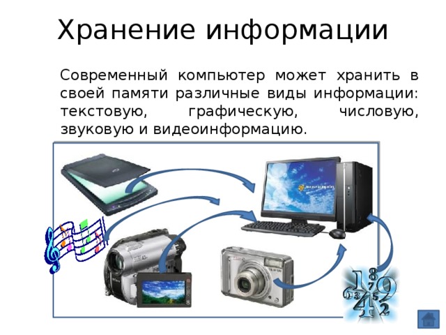 Хранение информации Современный компьютер может хранить в своей памяти различные виды информации: текстовую, графическую, числовую, звуковую и видеоинформацию. 