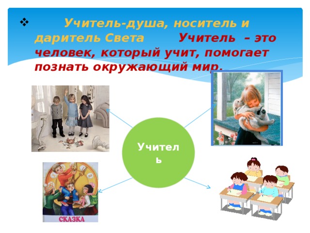  Учитель-душа, носитель и даритель Света Учитель – это человек, который учит, помогает познать окружающий мир. Учитель 