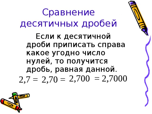 Сравнение десятичных дробей   Если к десятичной дроби приписать справа какое угодно число нулей, то получится дробь, равная данной. 2,700 = 2,7000 2,7 = 2,70 = 