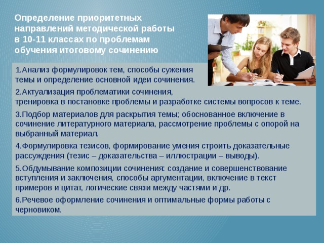 Определение приоритетных направлений методической работы в 10-11 классах по проблемам обучения итоговому сочинению 1.Анализ формулировок тем, способы сужения темы и определение основной идеи сочинения. 2.Актуализация проблематики сочинения, тренировка в постановке проблемы и разработке системы вопросов к теме. 3.Подбор материалов для раскрытия темы; обоснованное включение в сочинение литературного материала, рассмотрение проблемы с опорой на выбранный материал. 4.Формулировка тезисов, формирование умения строить доказательные рассуждения (тезис – доказательства – иллюстрации – выводы). 5.Обдумывание композиции сочинения: создание и совершенствование вступления и заключения, способы аргументации, включение в текст примеров и цитат, логические связи между частями и др. 6.Речевое оформление сочинения и оптимальные формы работы с черновиком. 