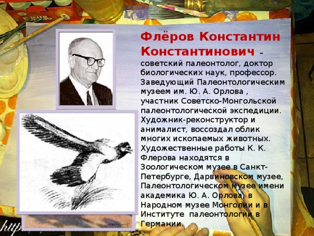Флёров Константин Константинович – советский палеонтолог, доктор биологических наук, профессор. Заведующий Палеонтологическим музеем им. Ю. А. Орлова , участник Советско-Монгольской палеонтологической экспедиции. Художник-реконструктор и анималист, воссоздал облик многих ископаемых животных.  Художественные работы К. К. Флерова находятся в Зоологическом музее в Санкт-Петербурге, Дарвиновском музее, Палеонтологическом музее имени академика Ю. А. Орлова, в Народном музее Монголии и в Институте палеонтологии в Германии. 