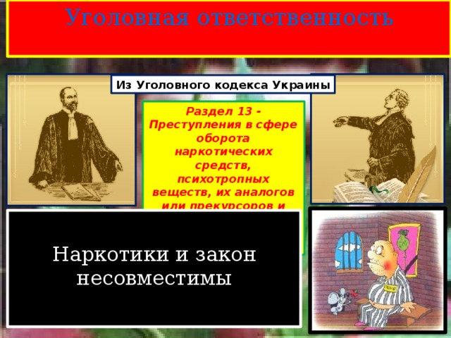 Уголовная ответственность Из Уголовного кодекса Украины Раздел 13 - Преступления в сфере оборота наркотических средств, психотропных веществ, их аналогов или прекурсоров и другие преступления против здоровья населения 1 Наркотики и закон несовместимы 