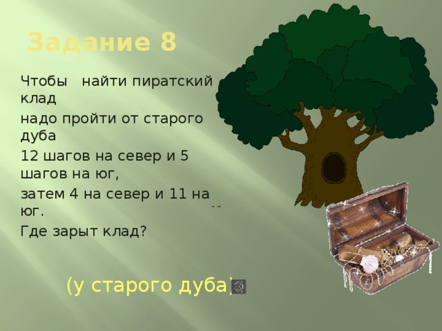 В дубу двенадцать гнезд в каждом. Пиратский клад старый дуб. Чтобы найти пиратский клад надо пройти от дуба. Шагов от старого дуба. Чтобы найти пиратский клад надо пройти от старого дуба 12.