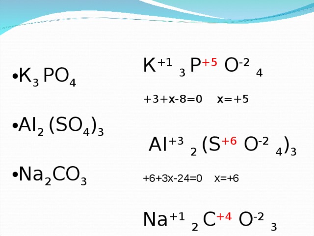 К +1  3 Р +5 О -2  4 +3+х-8=0 х=+5  А I +3  2 ( S +6  O -2  4 ) 3  +6+3х-24=0 х=+6 Na +1  2 C +4  O -2  3 +2+х-6=0 х=+4 К 3 РО 4  А I 2 (SO 4 ) 3 Na 2 CO 3 Самостоятельная работа по колонкам в парах. Проверка: желающие проговаривают решение, затем запись появляется на экране.  