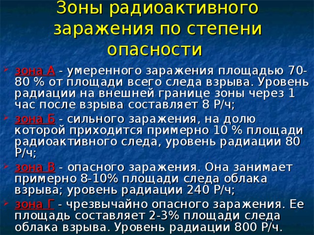 Зоны радиоактивного заражения по степени опасности