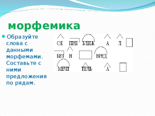 Тема морфемика. Морфемы слова. Морфемика слова. Слова с морфемикой. Образуйте слова с данными морфемами составьте с ними предложения.