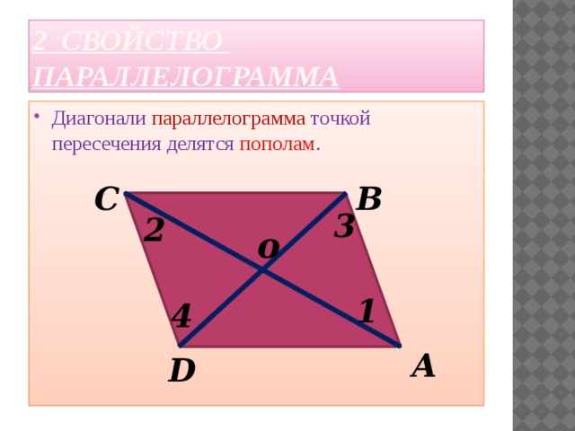 Делится диагональю. Диаголнаи точке пересечения делятся пополам. Диагонали точкой пересечения делятся пополам. Диагонали параллелограмма точкой пересечения делятся. Точка пересечения диагоналей параллелограмма.