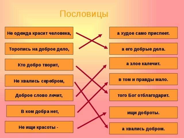 Пословицы а худое само приспеет. Не одежда красит человека, а его добрые дела. Торопись на доброе дело, а злое калечит. Кто добро творит, в том и правды мало. Не хвались серебром, Доброе слово лечит, того Бог отблагодарит. В ком добра нет, ищи доброты. Не ищи красоты - а хвались добром. 