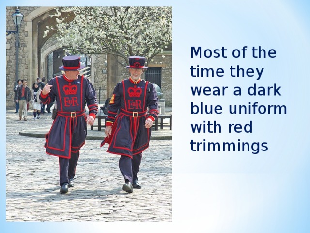Most of the time they wear a dark blue uniform with red trimmings 