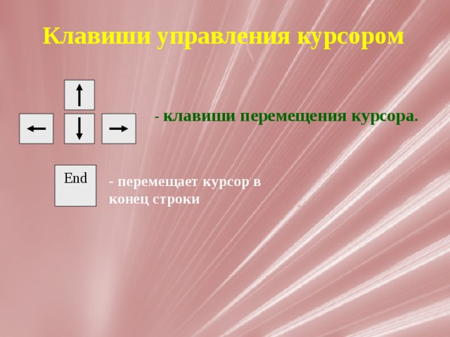 Клавиши управления курсором - клавиши перемещения курсора . End - перемещает курсор в конец строки 