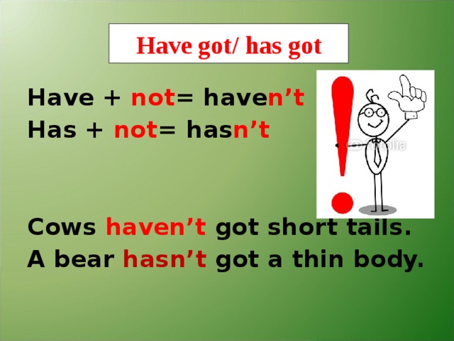 Have got/ has got Have + not = have n’t Has + not = has n’t   Cows haven’t got short tails. A bear hasn’t  got a thin body. 