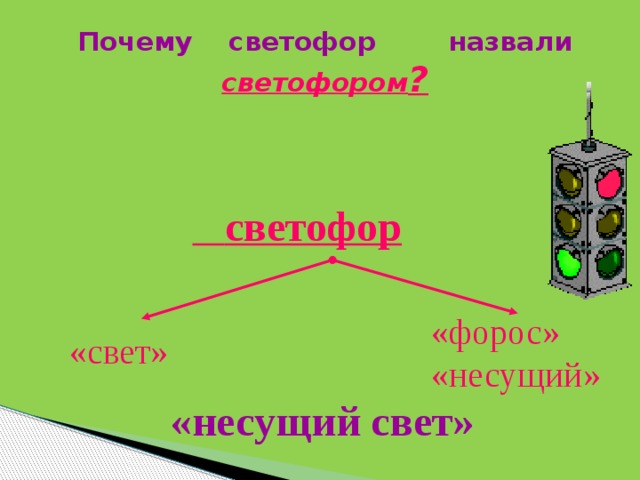 Почему светофор назвали светофором ?  светофор «форос» «несущий» «свет»  «несущий свет» 