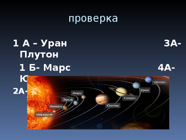 проверка 1 А – Уран 3А-Плутон  1 Б- Марс 4А- Юпитер 2А- Сатурн 