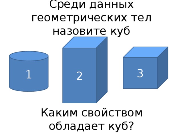 Среди данных геометрических тел назовите куб 2 3 1 Каким свойством обладает куб? 