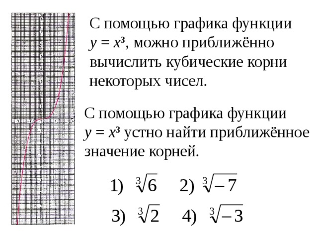 С помощью графика функции у = х ³, можно приближённо вычислить кубические корни некоторых чисел. С помощью графика функции у = х ³ устно найти приближённое значение корней. 