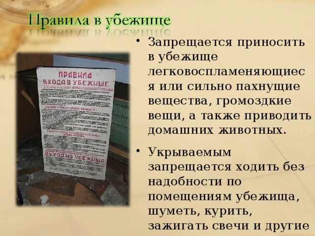 Что запрещается приносить в убежище сильно пахнущие вещества принадлежности туалета продукты питания