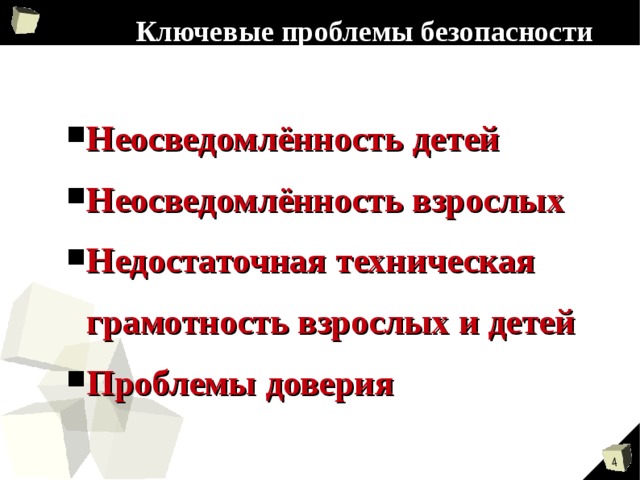 Ключевые проблемы безопасности Неосведомлённость детей Неосведомлённость взрослых Недостаточная техническая грамотность взрослых и детей Проблемы доверия 