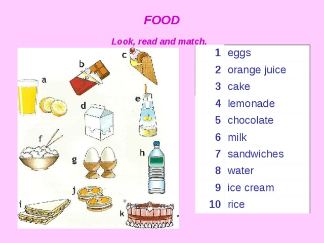 FOOD  Look, read and match.  1 eggs 2 orange juice 3 cake 4 lemonade 5 6 chocolate milk 7 sandwiches 8 water 9 ice cream 10 rice 