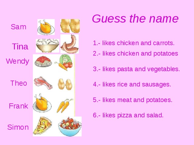 e.g.  I like chicken and carrots. Frank  Guess the name Sam 1.-  likes chicken and carrots. Tina  2.- likes chicken and potatoes  3.- likes pasta and vegetables.  4.- likes rice and sausages.  5.- likes meat and potatoes.  6.- likes pizza and salad. Wendy Theo Frank Simon 20 