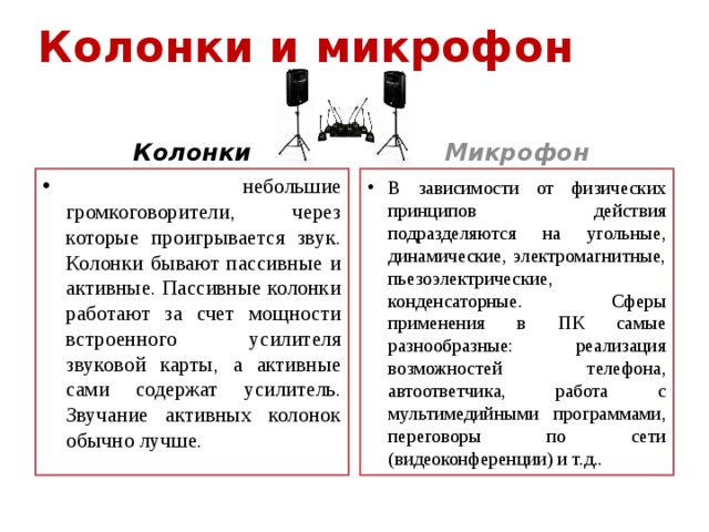 Колонки и микрофон Колонки Микрофон  небольшие громкоговорители, через которые проигрывается звук. Колонки бывают пассивные и активные. Пассивные колонки работают за счет мощности встроенного усилителя звуковой карты, а активные сами содержат усилитель. Звучание активных колонок обычно лучше. В зависимости от физических принципов действия подразделяются на угольные, динамические, электромагнитные, пьезоэлектрические, конденсаторные. Сферы применения в ПК самые разнообразные: реализация возможностей телефона, автоответчика, работа с мультимедийными программами, переговоры по сети (видеоконференции) и т.д.. 