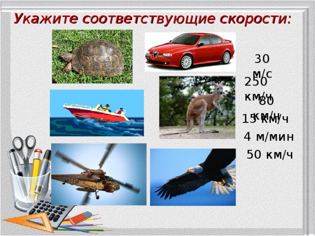 Укажите соответствующие скорости: 30 м / с 250 км / ч 80 км / ч 15 км / ч 4 м / мин 50 км / ч 