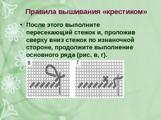 правила вышивания «крестиком» после этого выполните пересекающий стежок и, проложив сверху вниз стежок по изнаночной стороне, продолжите выполнение основного ряда (рис. в, г). 