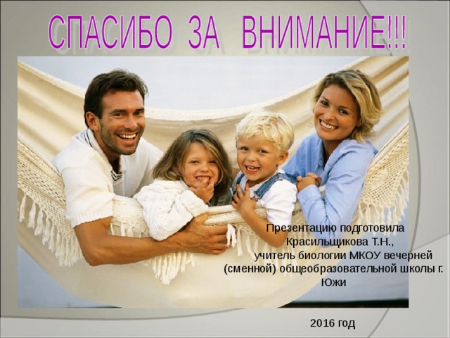  Презентацию подготовила  Красильщикова Т.Н.,  учитель биологии МКОУ вечерней (сменной) общеобразовательной школы г. Южи 2016 год 