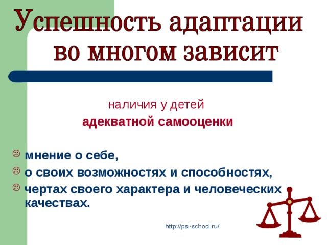 наличия у детей  адекватной самооценки  мнение о себе, о своих возможностях и способностях, чертах своего характера и человеческих качествах.  http://psi-school.ru/ 