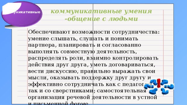 коммуникативные умения -общение с людьми Коммуникативные Обеспечивают возможности сотрудничества: умение слышать, слушать и понимать партнера, планировать и согласованно выполнять совместную деятельность, распределять роли, взаимно контролировать действия друг друга, уметь договариваться, вести дискуссию, правильно выражать свои мысли, оказывать поддержку друг другу и эффективно сотрудничать как с педагогом, так и со сверстниками; самостоятельная организация речевой деятельности в устной и письменной форме. 