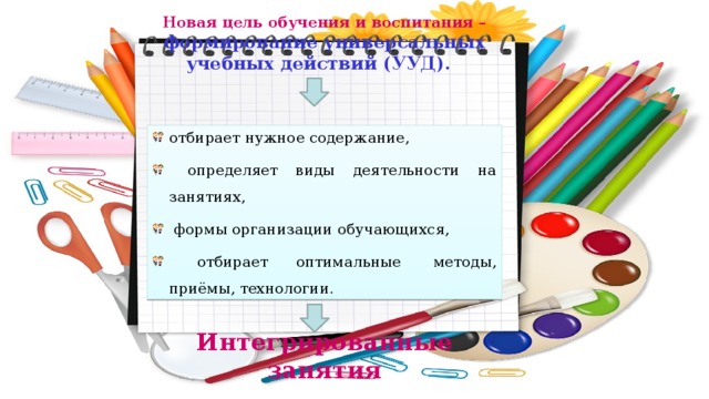 Новая цель обучения и воспитания – формирование универсальных учебных действий (УУД).   отбирает нужное содержание,  определяет виды деятельности на занятиях,  формы организации обучающихся,  отбирает оптимальные  методы, приёмы, технологии . Интегрированные занятия 